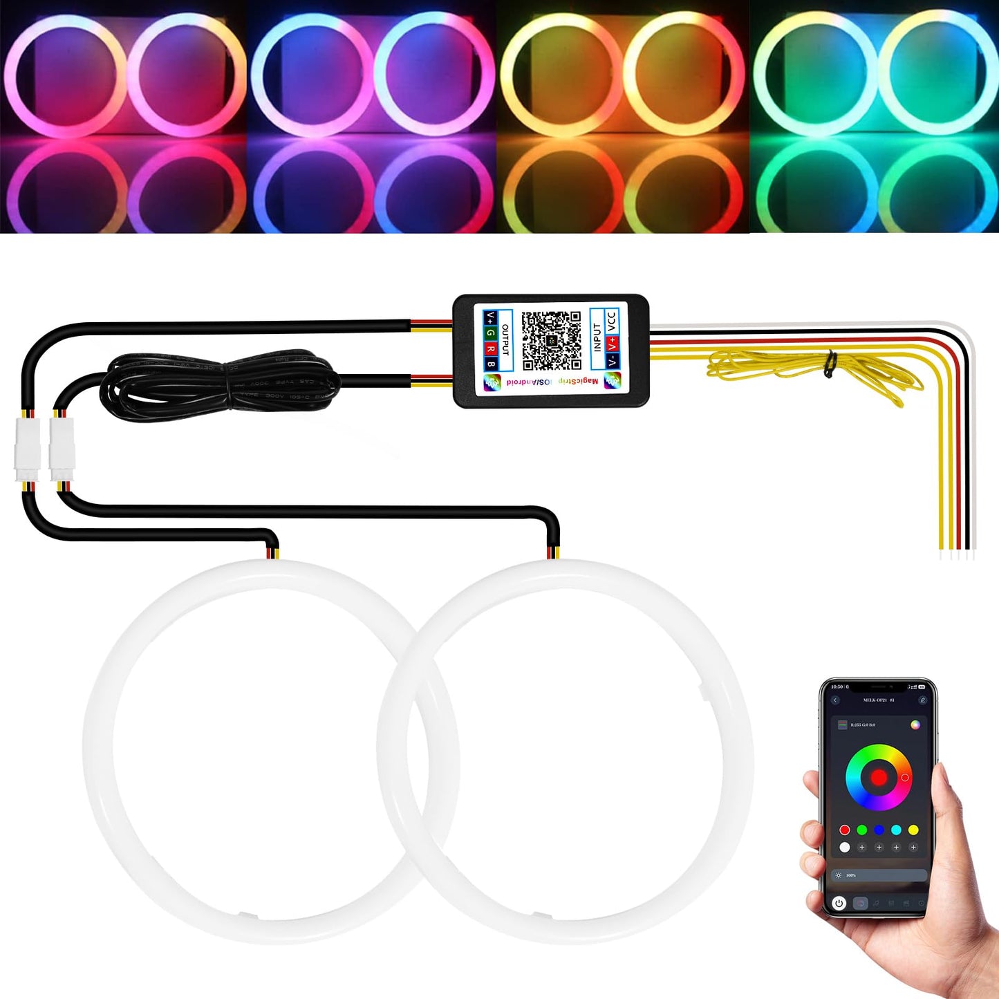 Qasim Angel Eyes Halo Rings 12V RGB LED Lights 90MM White for Car Scooter Motorcycle DRL Turn Signal Light 2-Pack