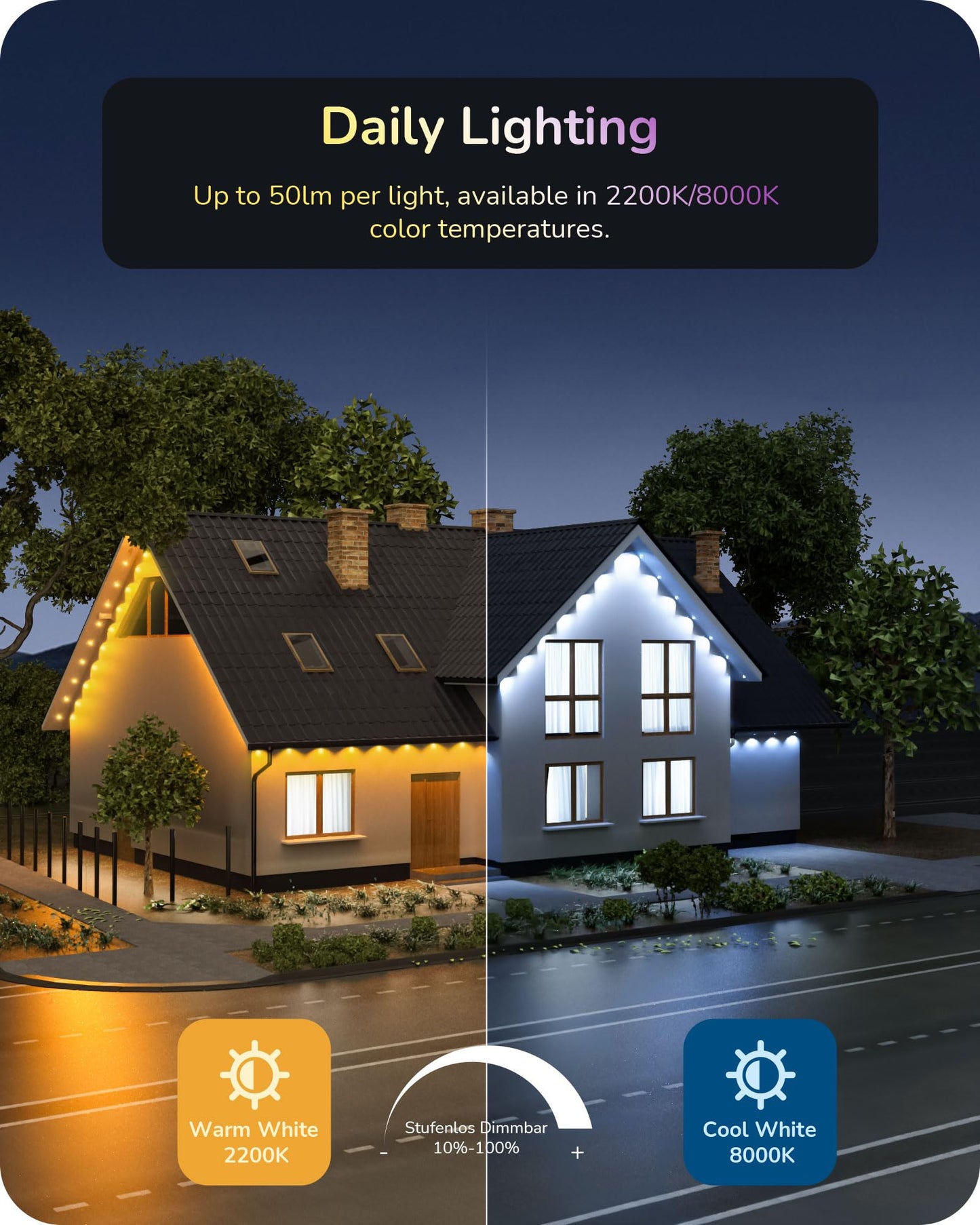 EDISHINE 120ft Outdoor Christmas Lights, 80 LED Smart RGBW Eaves Light, IP67 Waterproof, Works with Alexa, Model OL06, White